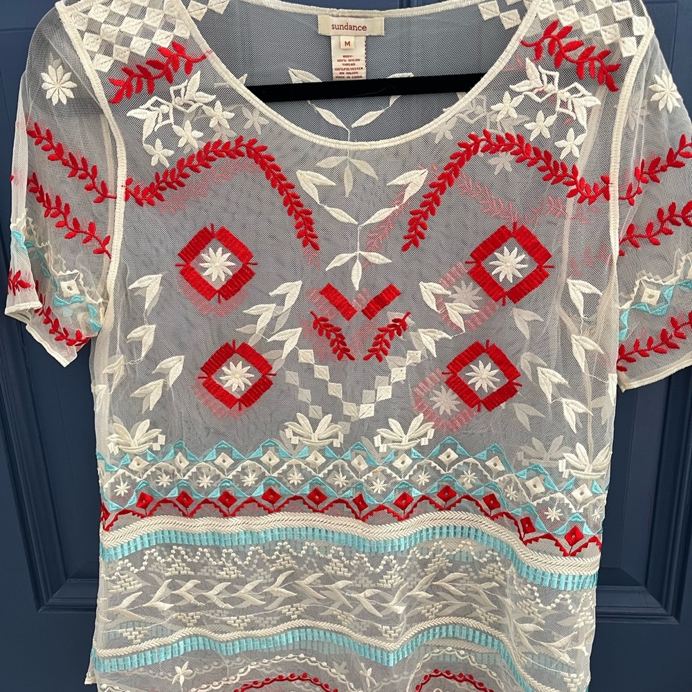 Sundance Sheer Embroidered Top with Red and Blue Accents